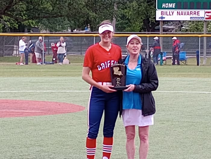 North DeSoto's Laney Johnson (left) was named the Most Outstanding Player following the Division II non-select championship game on April 29, 2023.